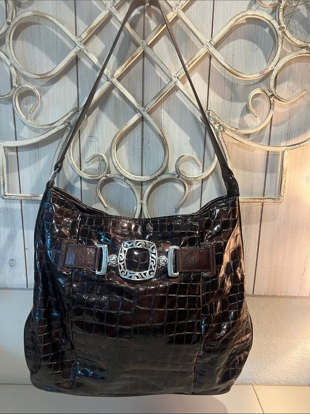 Brighton Dark Brown Croc-Embossed Shoulder Bag with Silver Buckle